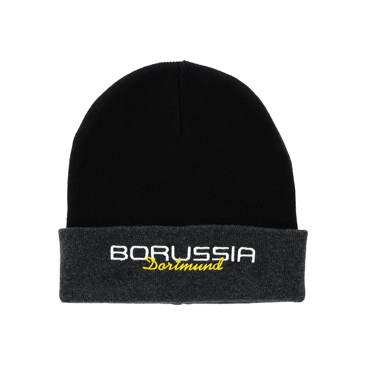 Schwarze BVB Elements II Mütze mit grauem Umschlag und gesticktem Borussia Dortmund Schriftzug in Weiß und Gelb, ideal für Fans.