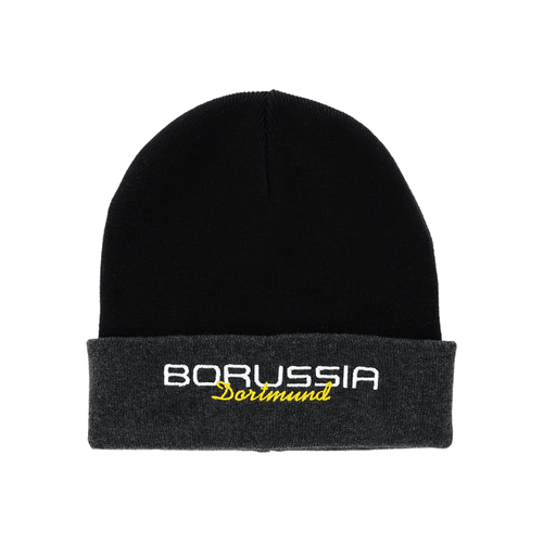 Black BVB Elements II beanie with a gray brim and embroidered "Borussia Dortmund" lettering in white and yellow—perfect for fans.