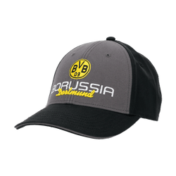 Grau-schwarze BVB-Kappe mit gelbem gestickten BVB-Logo und 'Borussia Dortmund'-Schriftzug. Perfekt für Fans, ideal als Accessoire.