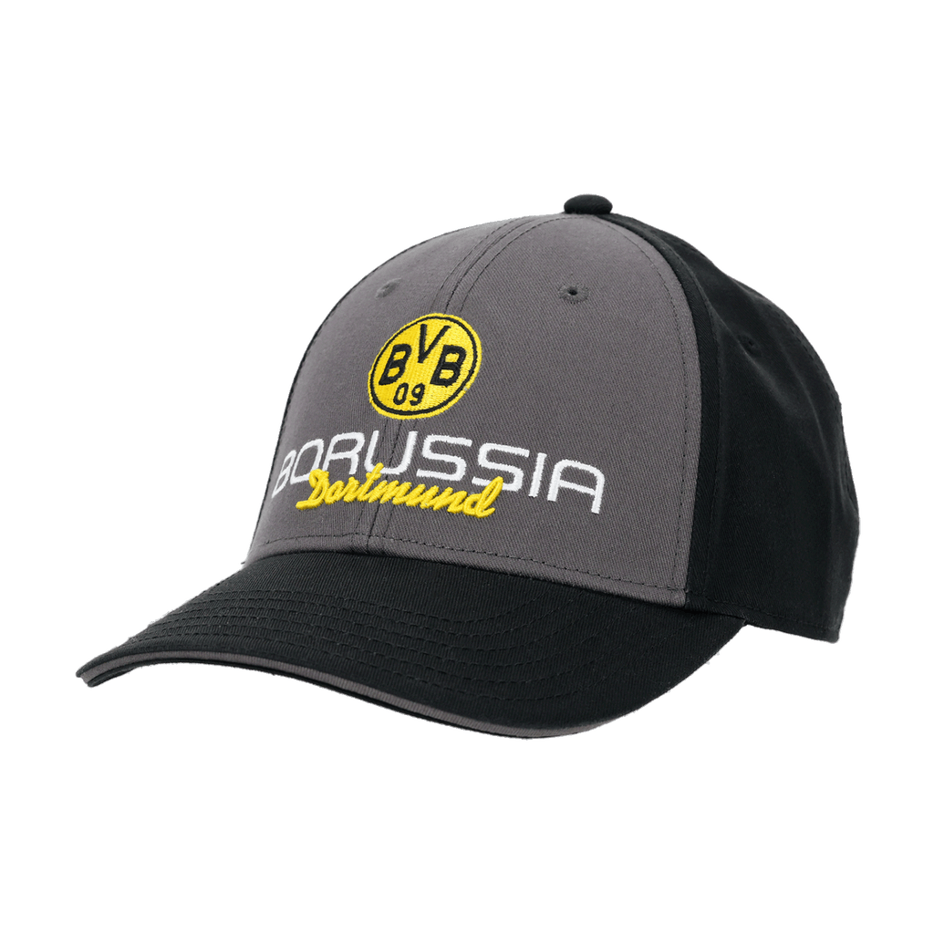 Cappellino del BVB grigio-nero con logo BVB ricamato in giallo e la scritta “Borussia Dortmund”. Perfetto per i tifosi, ideale come accessorio.