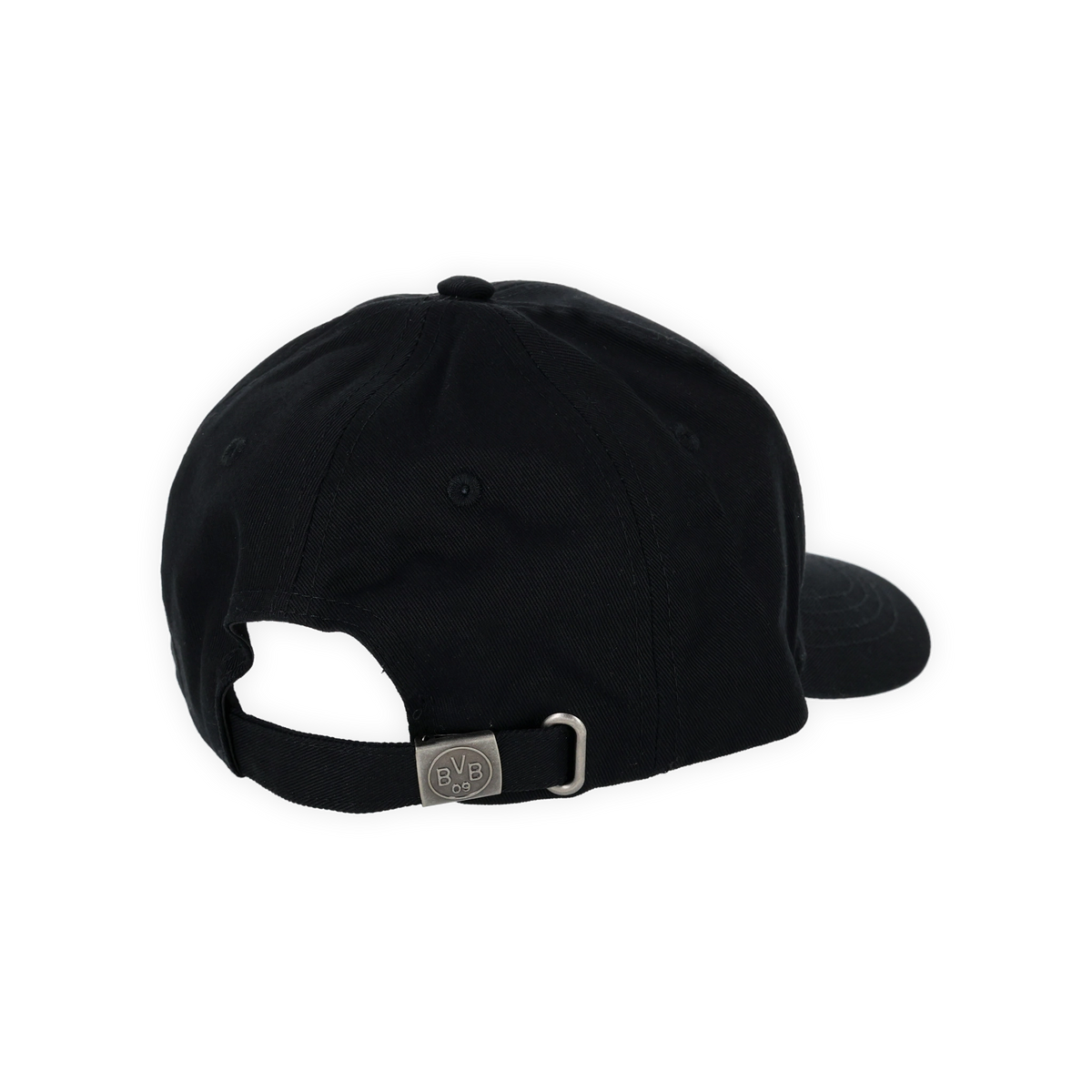 Schwarze BVB-Cap in kindgerechter Größe mit BVB 09-Logo und verstellbarem Metallverschluss, Rückansicht.