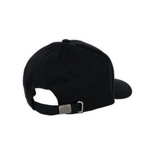 Schwarze BVB-Cap in kindgerechter Größe mit BVB 09-Logo und verstellbarem Metallverschluss, Rückansicht.