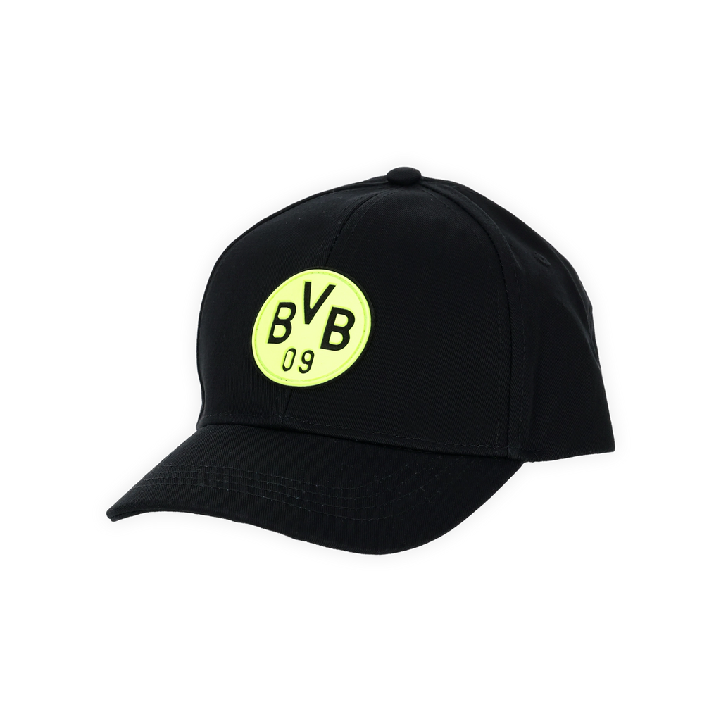 Schwarze Cap mit leuchtendem BVB-09-Logo, geeignet für Kinder und ideal als Fan-Merchandise.