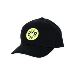 Schwarze Cap mit leuchtendem BVB-09-Logo, geeignet für Kinder und ideal als Fan-Merchandise.