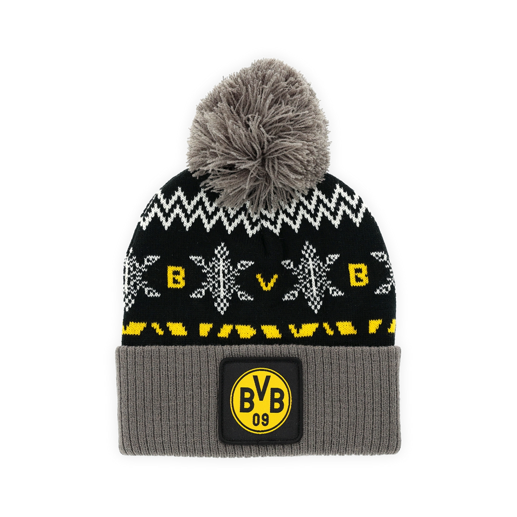 这款多特蒙德（BVB）冬季毛线帽采用黑黄配色，配有灰色翻边、大毛球以及中央的BVB 09标志。是多特蒙德球迷的完美之选。