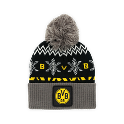 这款多特蒙德（BVB）冬季毛线帽采用黑黄配色，配有灰色翻边、大毛球以及中央的BVB 09标志。是多特蒙德球迷的完美之选。