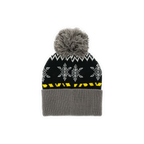 Schwarzgelbe BVB-Wintermütze für Kinder mit grauem Umschlag und Bommel, ideal für kalte Tage.