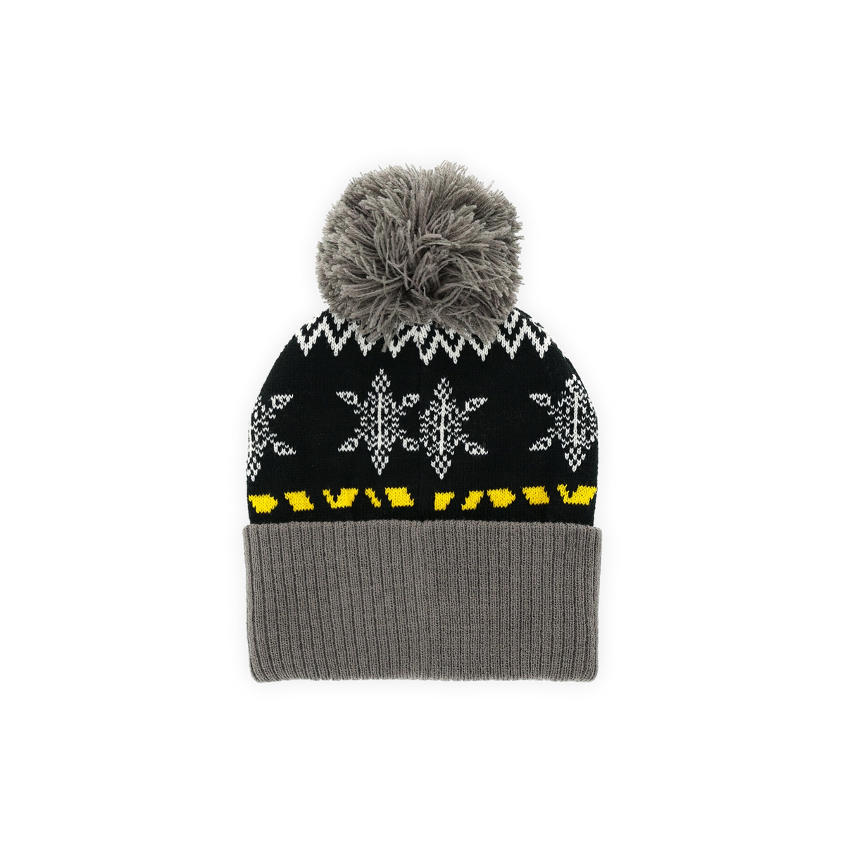 Schwarzgelbe BVB-Wintermütze für Kinder mit grauem Umschlag und Bommel, ideal für kalte Tage.