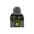 BVB-Wintermütze für Kinder in schwarzgelb mit Pompon, Strickmuster und prominentem Borussia Dortmund-Logo auf der Vorderseite.