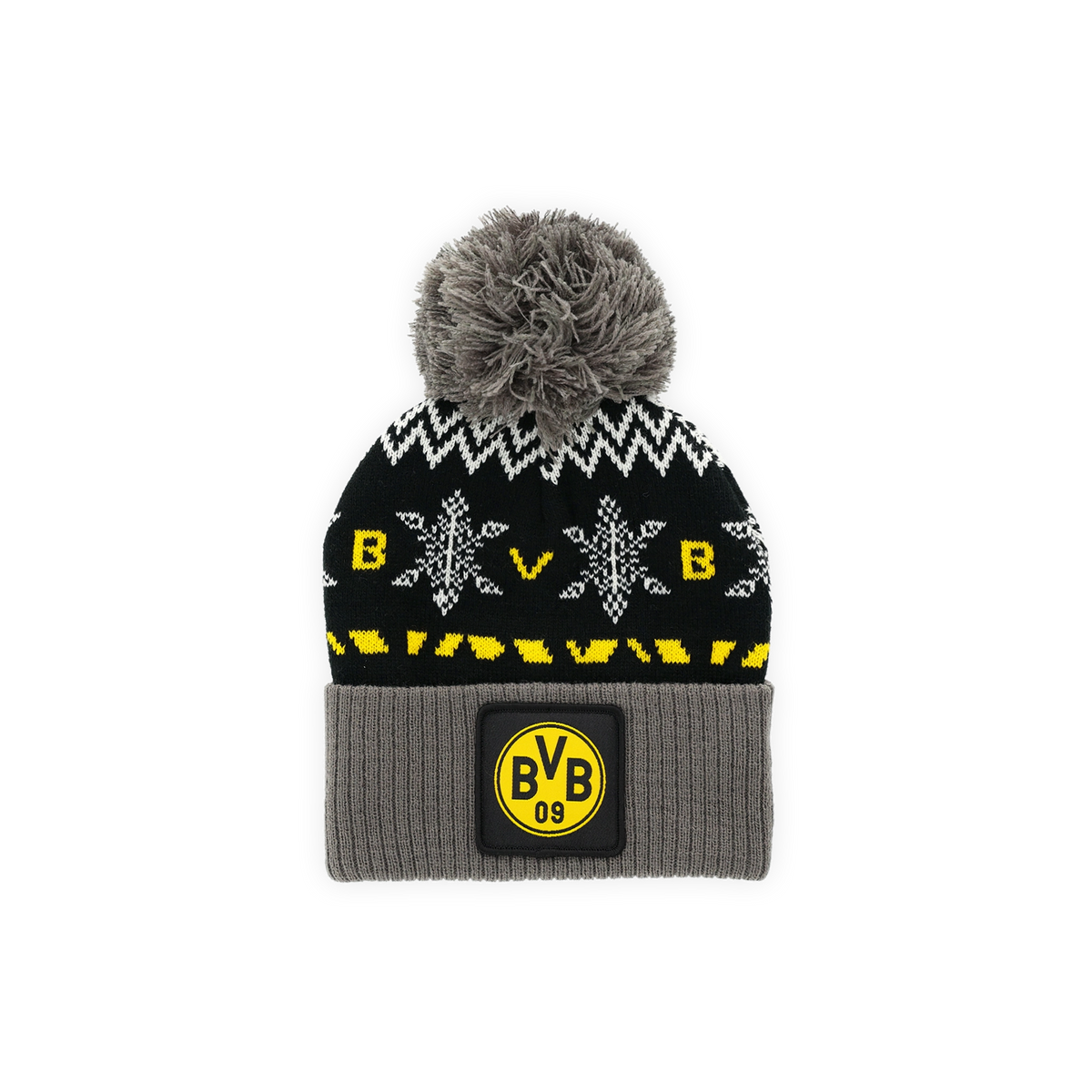 BVB-Wintermütze für Kinder in schwarzgelb mit Pompon, Strickmuster und prominentem Borussia Dortmund-Logo auf der Vorderseite.