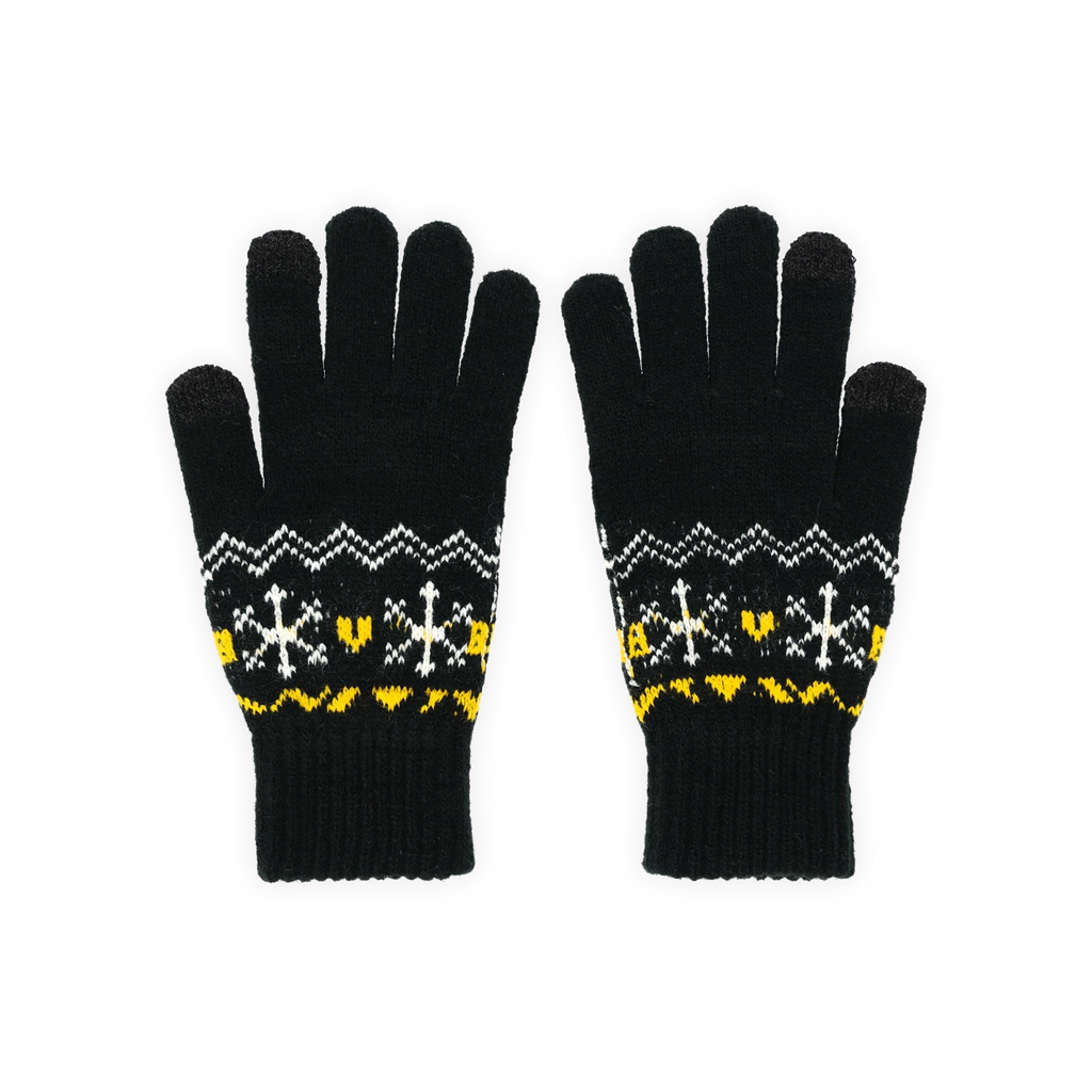 Ein Paar schwarze BVB-Winterhandschuhe mit gelben und weißen Akzenten sowie einem winterlichen Muster und kleinem BVB-Logo, Vorderansicht.