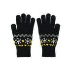 Ein Paar schwarze BVB-Winterhandschuhe mit gelben und weißen Akzenten sowie einem winterlichen Muster und kleinem BVB-Logo, Vorderansicht.