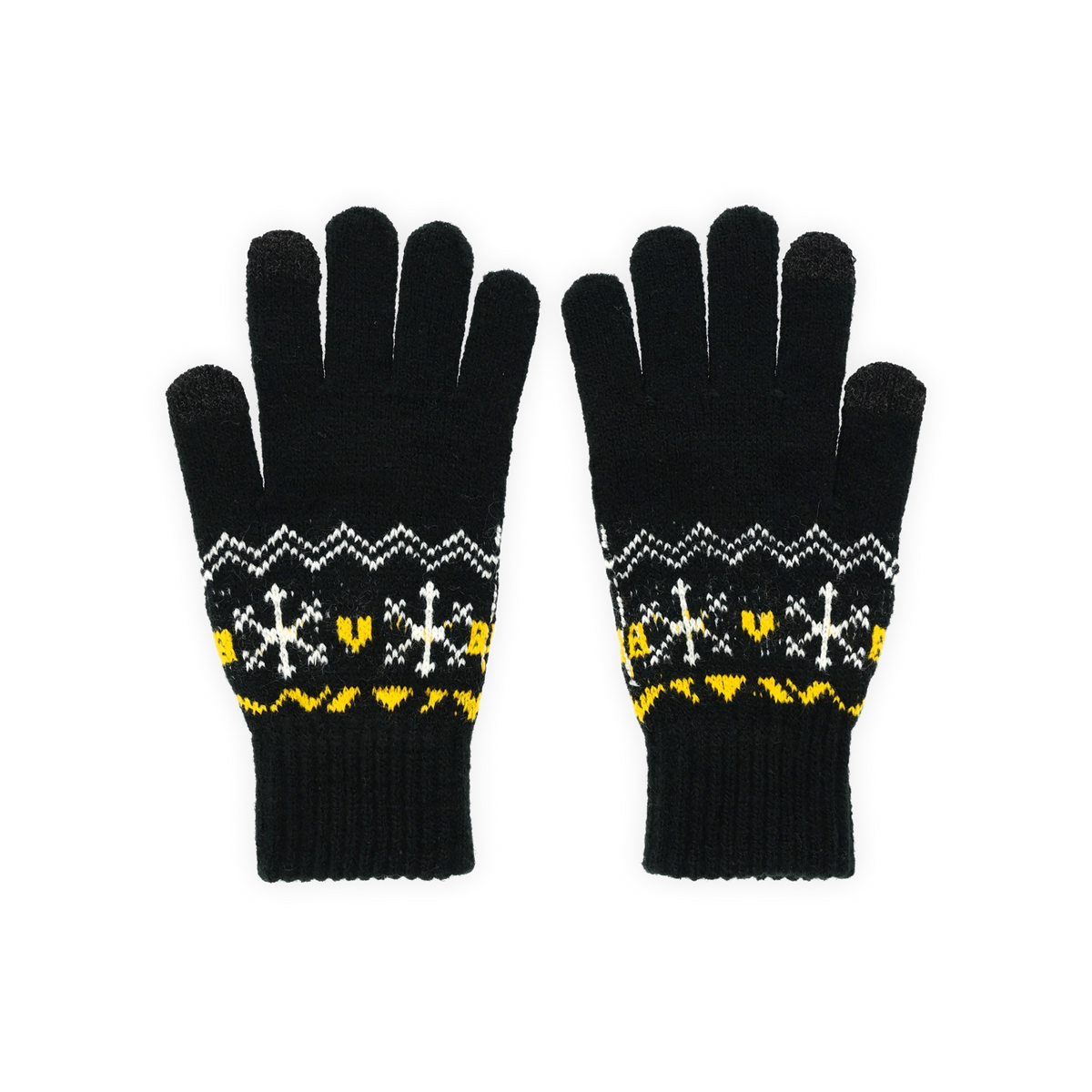 Ein Paar schwarze BVB-Winterhandschuhe mit gelben und weißen Akzenten sowie einem winterlichen Muster und kleinem BVB-Logo, Vorderansicht.
