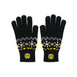 Guantes de invierno del BVB en negro y amarillo, con un llamativo estampado de copos de nieve y el logotipo del BVB en el puño, ideales para los días fríos.