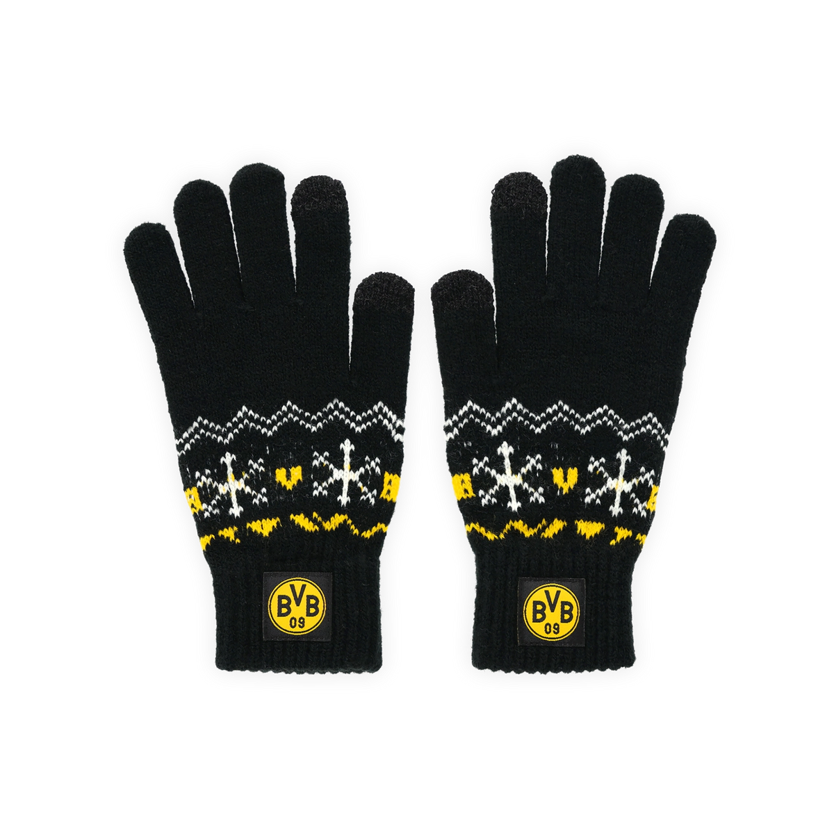 Schwarzgelbe BVB-Winterhandschuhe mit auffälligem Schneeflockenmuster und BVB-Logo am Bündchen, ideal für kalte Tage.