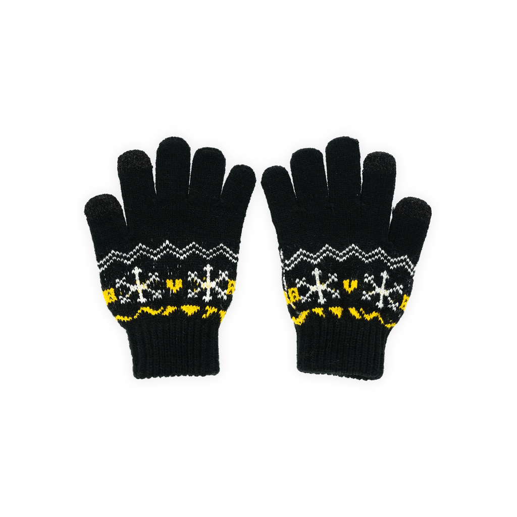 BVB Winterhandschuhe für Kinder in Schwarzgelb mit Schneeflocken-Muster, Vorderansicht.