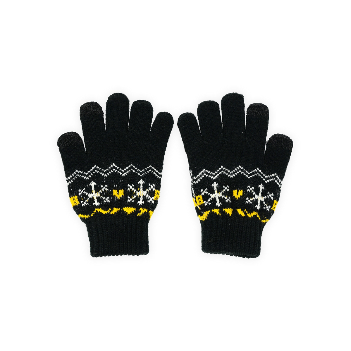 BVB Winterhandschuhe für Kinder in Schwarzgelb mit Schneeflocken-Muster, Vorderansicht.