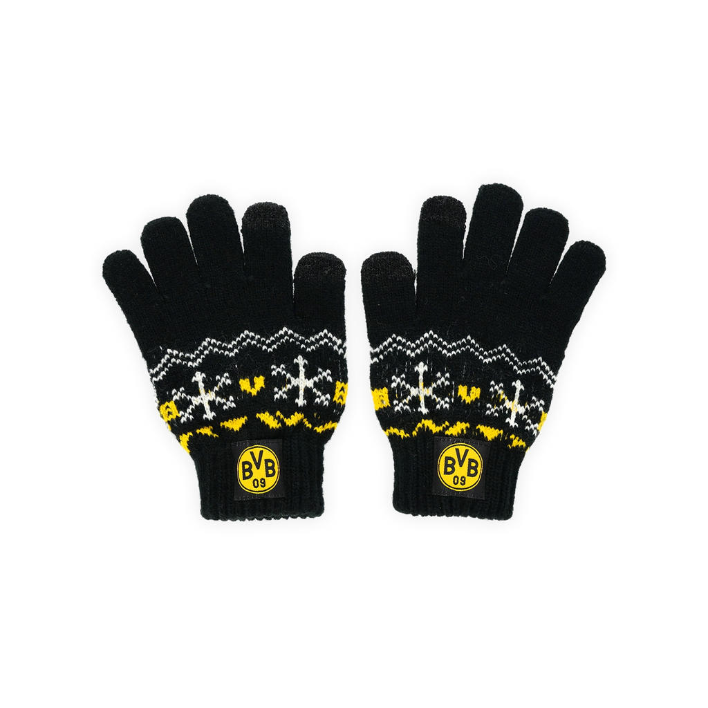 Schwarze Winterhandschuhe für Kinder mit Schneeflockenmuster und gelbem BVB 09-Logo in der Vorderansicht, ideal für kalte Tage.