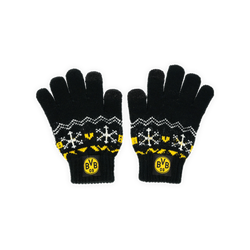 Gants d'hiver noirs pour enfants, ornés d'un motif de flocons de neige et du logo jaune « BVB 09 » sur le devant, parfaits pour les journées froides.