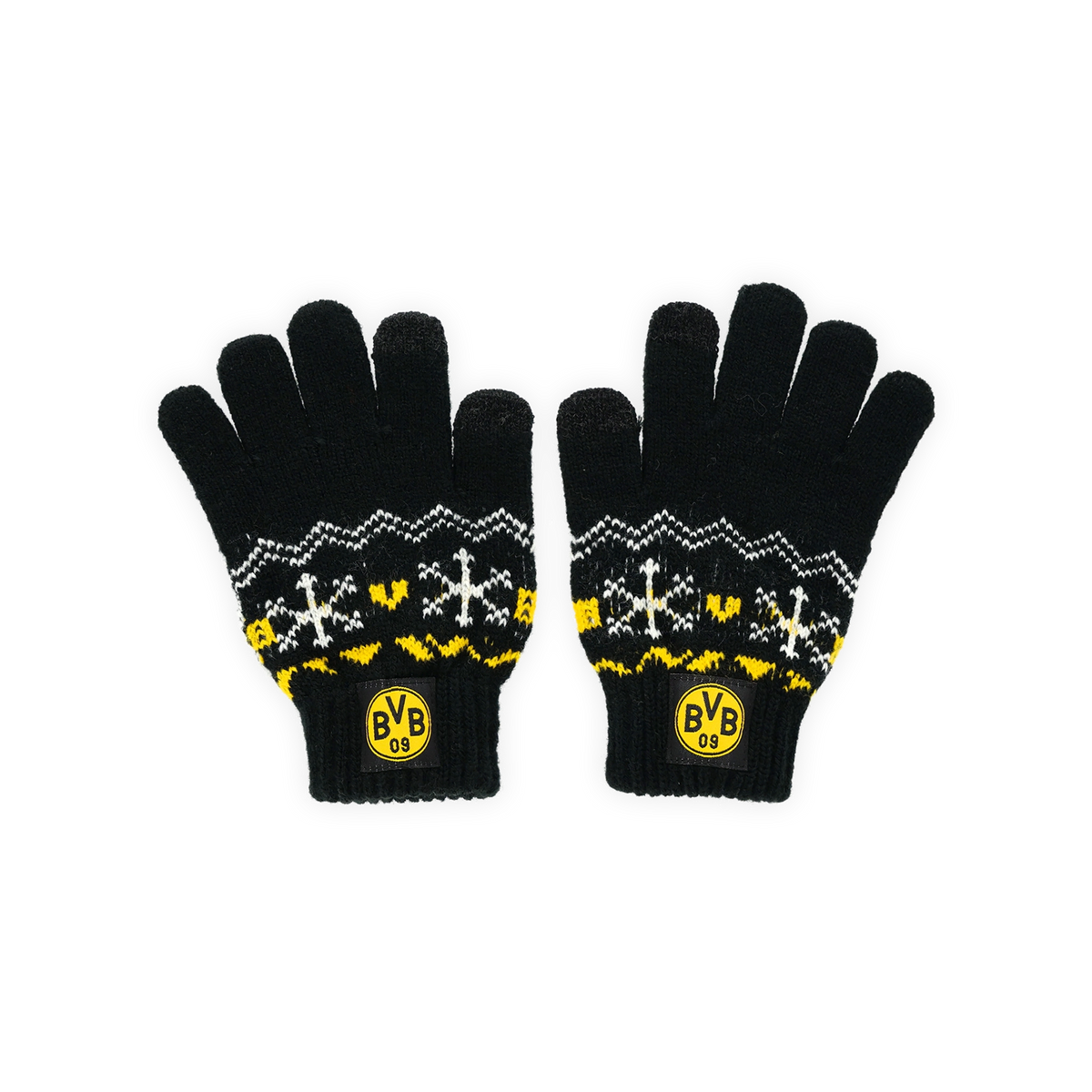 Schwarze Winterhandschuhe für Kinder mit Schneeflockenmuster und gelbem BVB 09-Logo in der Vorderansicht, ideal für kalte Tage.