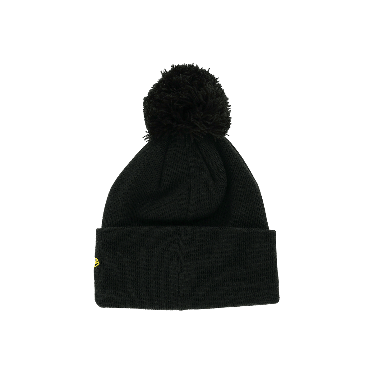 Schwarze BVB-Bommelmütze für Kinder von New Era mit großer Bommel und eingesticktem BVB-Logo an der Seite.