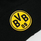 Die schwarze BVB-Bommelmütze von New Era für Kinder, mit gelbem BVB 09-Logo, perfekt für Fans.