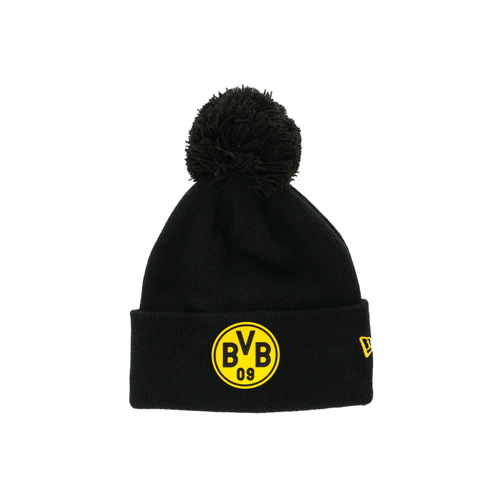 Bonnet à pompon noir du BVB pour enfants, issu de la collection New Era, orné d'un logo du club jaune bien visible sur le devant.