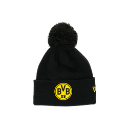 Gorro negro con pompón del BVB para niños, de la colección New Era, con un llamativo logotipo amarillo del club en la parte delantera.