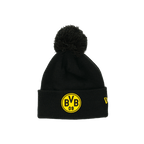 Schwarzgelbe BVB-Bommelmütze von New Era mit BVB-Logo, ideal als Accessoire für Kinder und Fans von Borussia Dortmund.