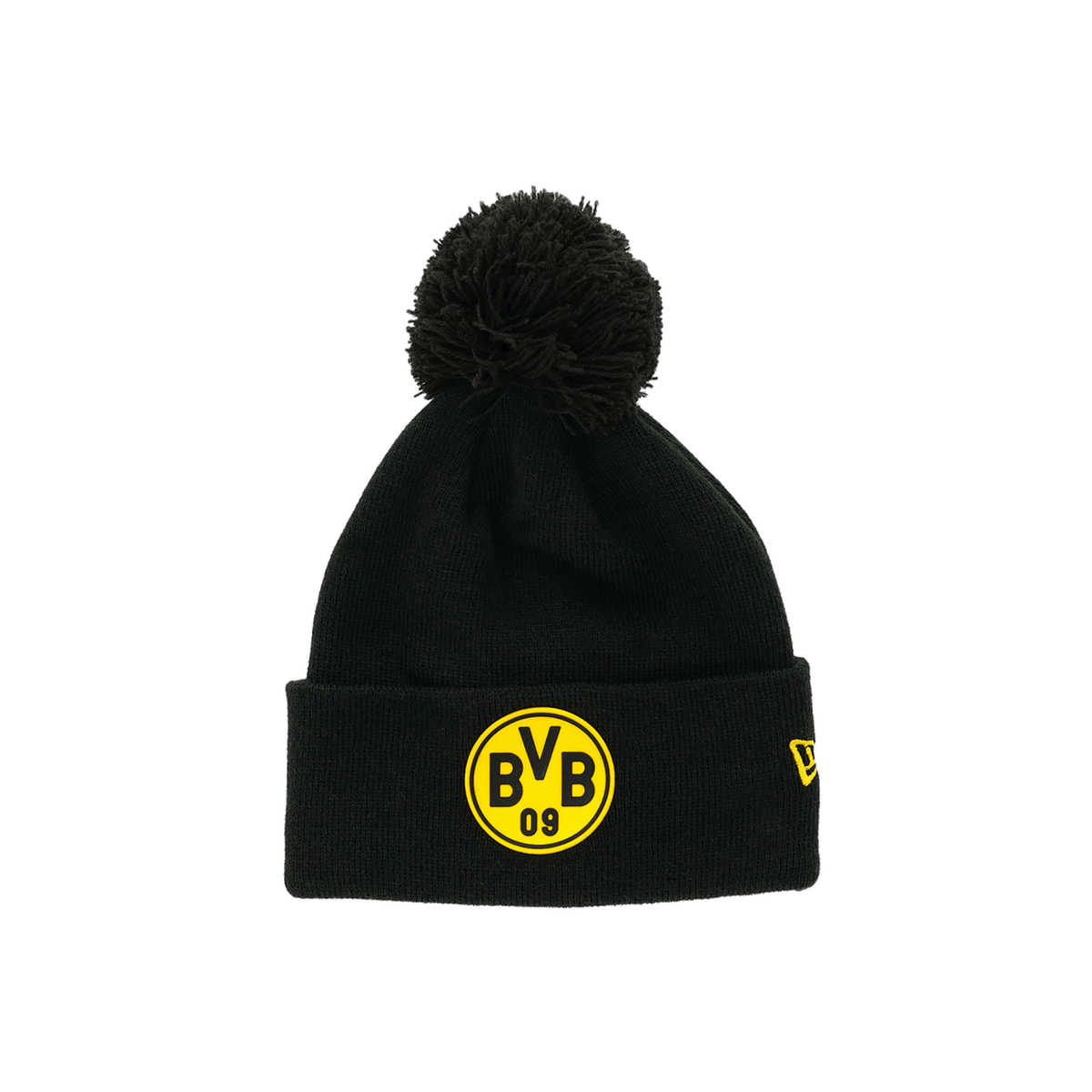Schwarzgelbe BVB-Bommelmütze von New Era mit BVB-Logo, ideal als Accessoire für Kinder und Fans von Borussia Dortmund.