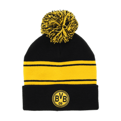 Bonnet à pompon au design rétro noir et jaune du BVB, orné d'un logo BVB bien visible. Idéal pour les supporters du Borussia Dortmund et les journées froides.