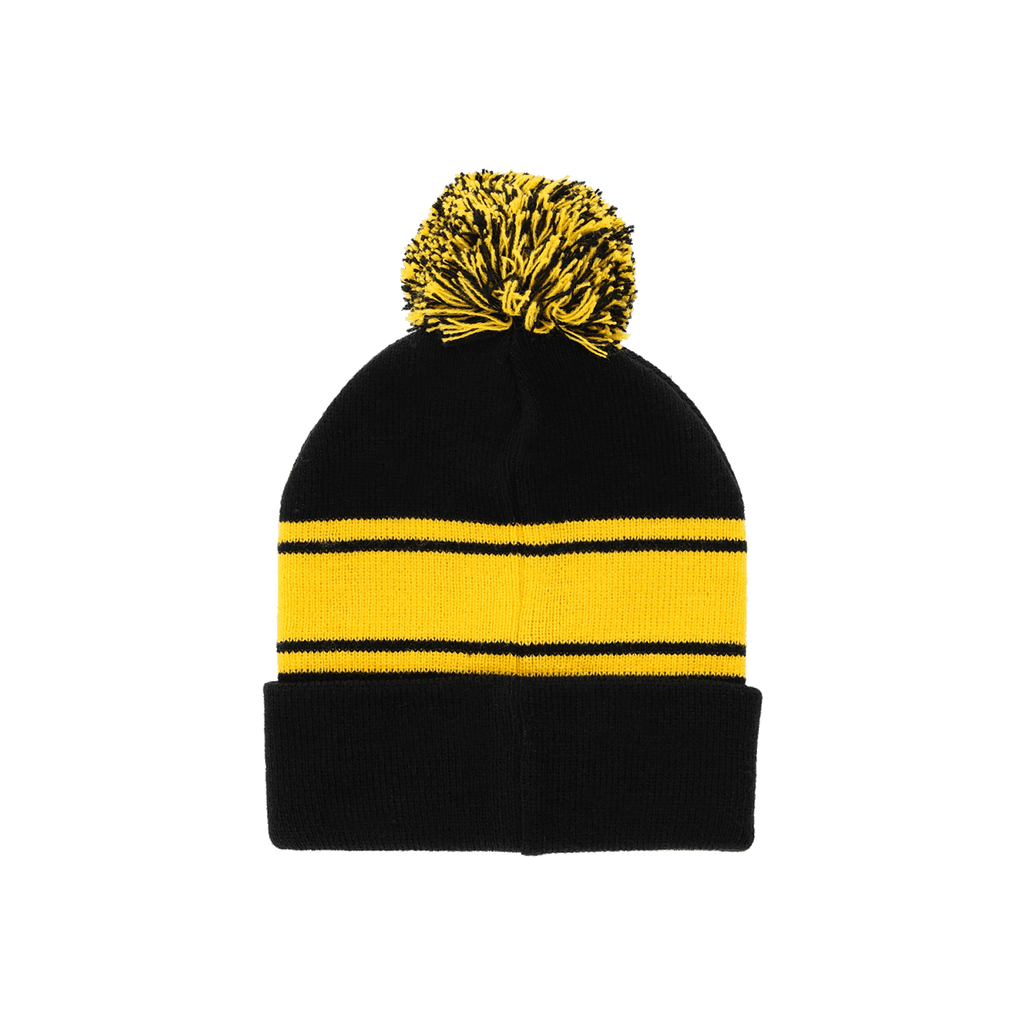 Cappellino con pompon BVB in stile retrò per bambini, design nero e giallo con strisce e pompon, ideale per i tifosi del BVB.