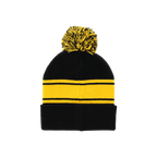 Cappellino con pompon BVB in stile retrò per bambini, design nero e giallo con strisce e pompon, ideale per i tifosi del BVB.