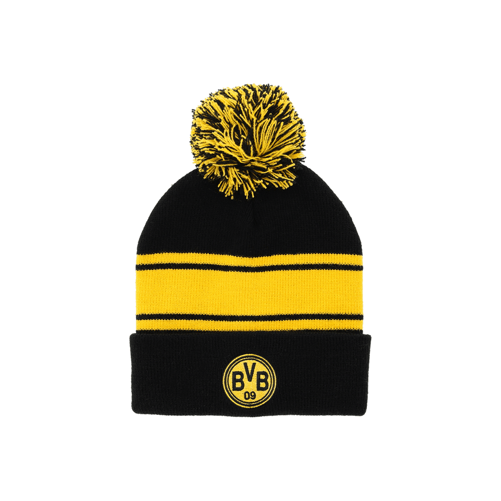 Berretto con pompon del BVB in stile retrò per bambini, nei colori nero e giallo con lo stemma del BVB, ideale per i tifosi del Borussia Dortmund.