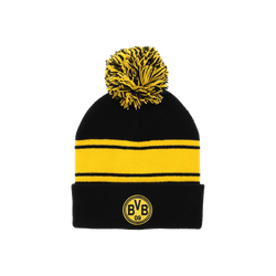 Retro-style BVB beanie for kids in a black-and-yellow design with the BVB emblem, perfect for Borussia Dortmund fans.