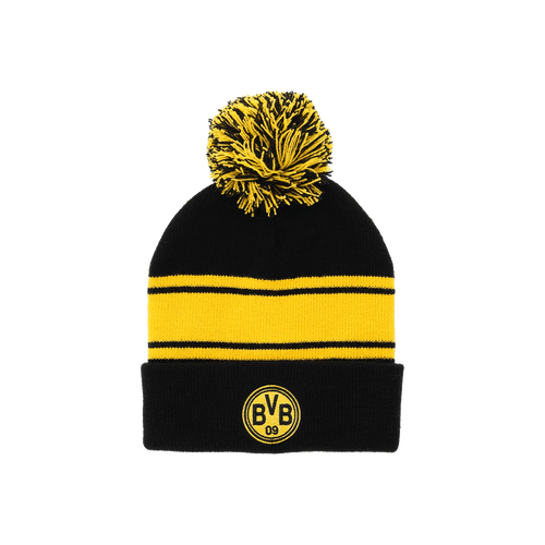 Schwarzgelbe BVB-Bommelmütze mit gesticktem BVB-Logo, retro Design und zwei gelben Streifen. Perfekt für Borussia Dortmund Fans.