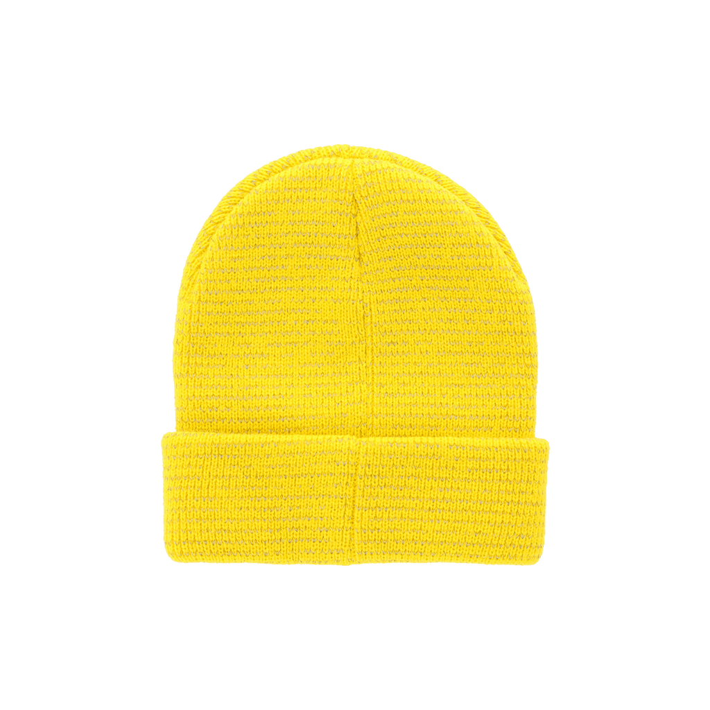 Gelbe Kinder-Mütze von BVB mit reflektierendem Design, ideal für junge Fans von Borussia Dortmund.