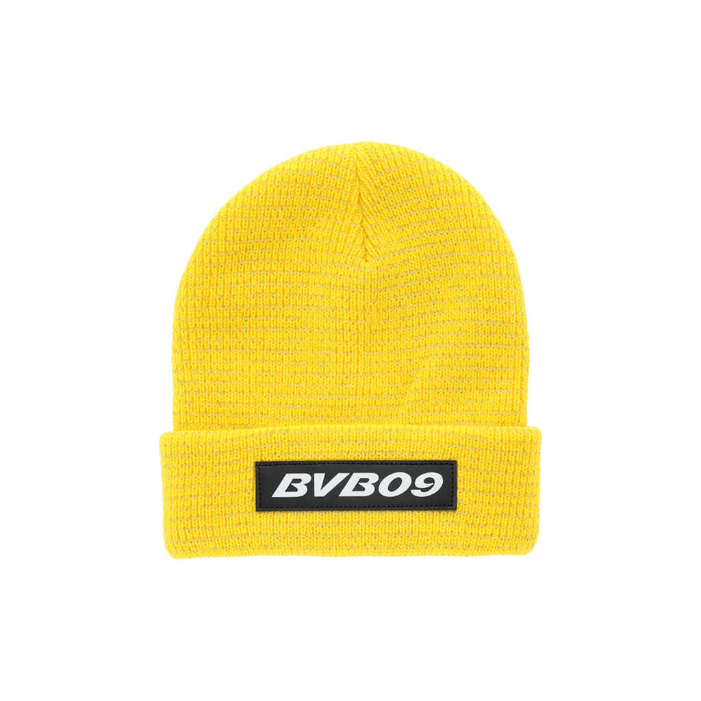 Gelbe BVB-Mütze für Kinder mit schwarzem BVB09-Logo auf der Vorderseite, ideal für Fans von Borussia Dortmund.