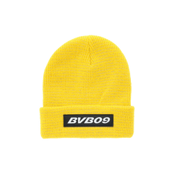 Gelbe BVB-Mütze für Kinder mit schwarzem BVB09-Logo auf der Vorderseite, ideal für Fans von Borussia Dortmund.
