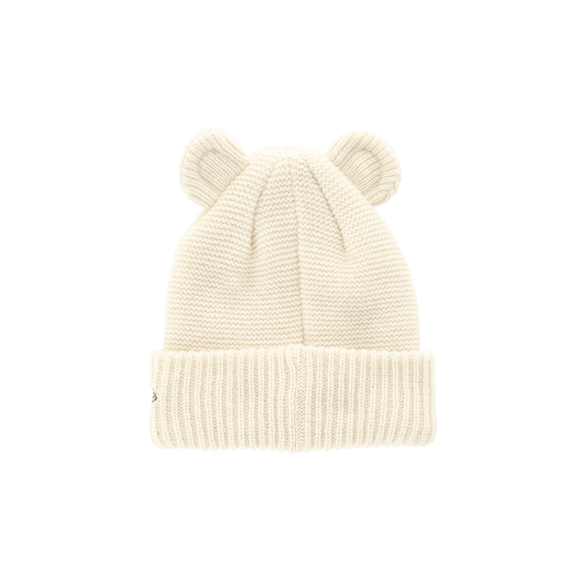 Weiße gestrickte BVB-Mütze für Kleinkinder mit niedlichen Ohren von New Era, ideal für junge Borussia Dortmund Fans.