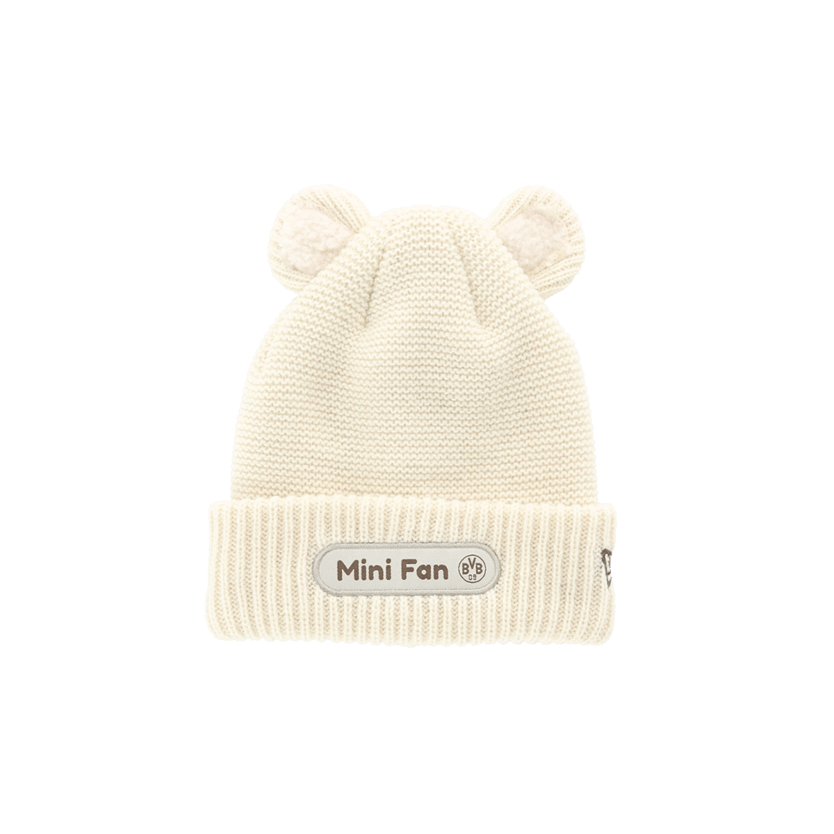 Cremeweiße BVB-Mütze für Kleinkinder mit zierendem 'Mini Fan'-Patch und BVB-Logo, ideal für kleine Fans von Borussia Dortmund.