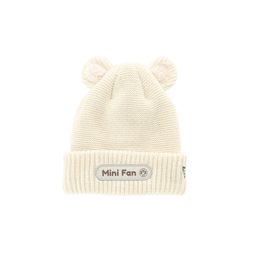 Gorra del BVB de color blanco crema para niños pequeños, con un parche decorativo «Mini Fan» y el logotipo del BVB, ideal para los pequeños aficionados del Borussia Dortmund.