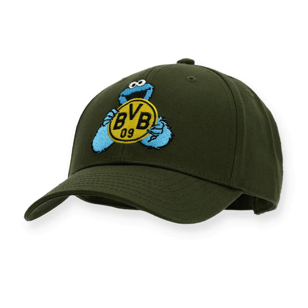 クッキーモンスターのモチーフと、黒と黄色の刺繍入りBVBロゴをあしらった、子供用の緑色のBVBキャップ。ファンにぴったりの帽子です。