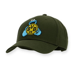 Gorra verde del BVB para niños con el diseño del Cookie Monster y el logotipo del BVB bordado en negro y amarillo, el complemento perfecto para la cabeza de cualquier aficionado.