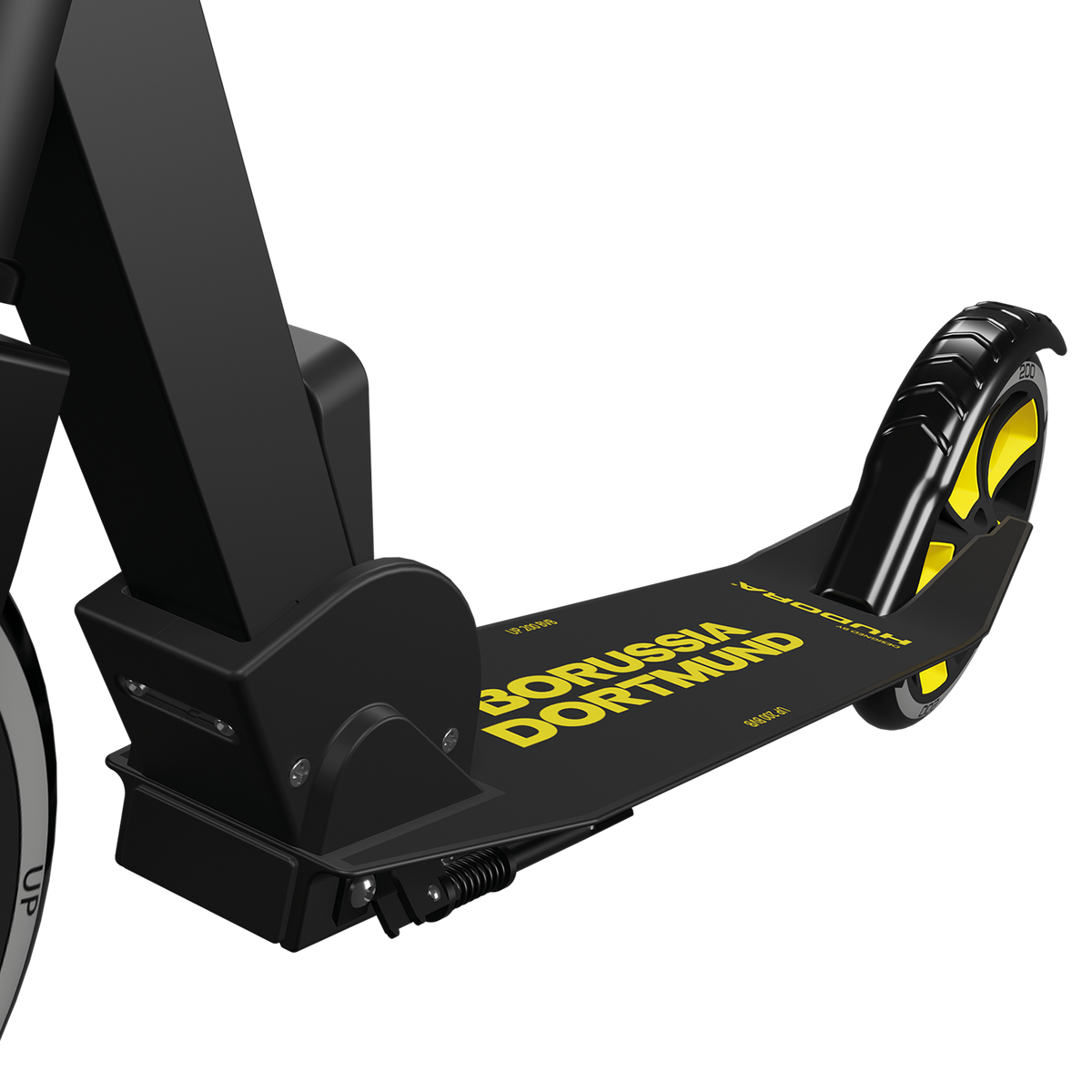 Schwarzgelber BVB Tretroller Hudora Up 200 mit Borussia Dortmund Branding und sportlichem Design für Fans.