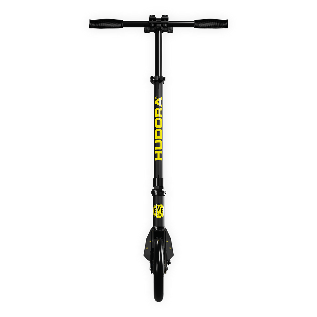 BVB-Tretroller von Hudora in schwarzgelbem Design mit BVB-Logo, ideal für Freizeit und Outdoor-Aktivitäten.