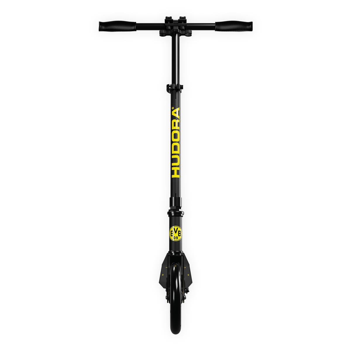 BVB-Tretroller von Hudora in schwarzgelbem Design mit BVB-Logo, ideal für Freizeit und Outdoor-Aktivitäten.