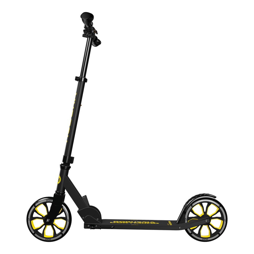 Schwarzgelber BVB-Tretroller Hudora Up 200 mit klappbarem Design, gelben Radfelgen und BVB-Logo, seitliche Ansicht.