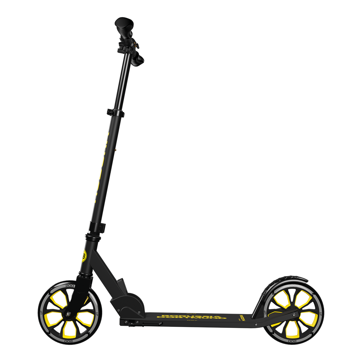 Schwarzgelber BVB-Tretroller Hudora Up 200 mit klappbarem Design, gelben Radfelgen und BVB-Logo, seitliche Ansicht.