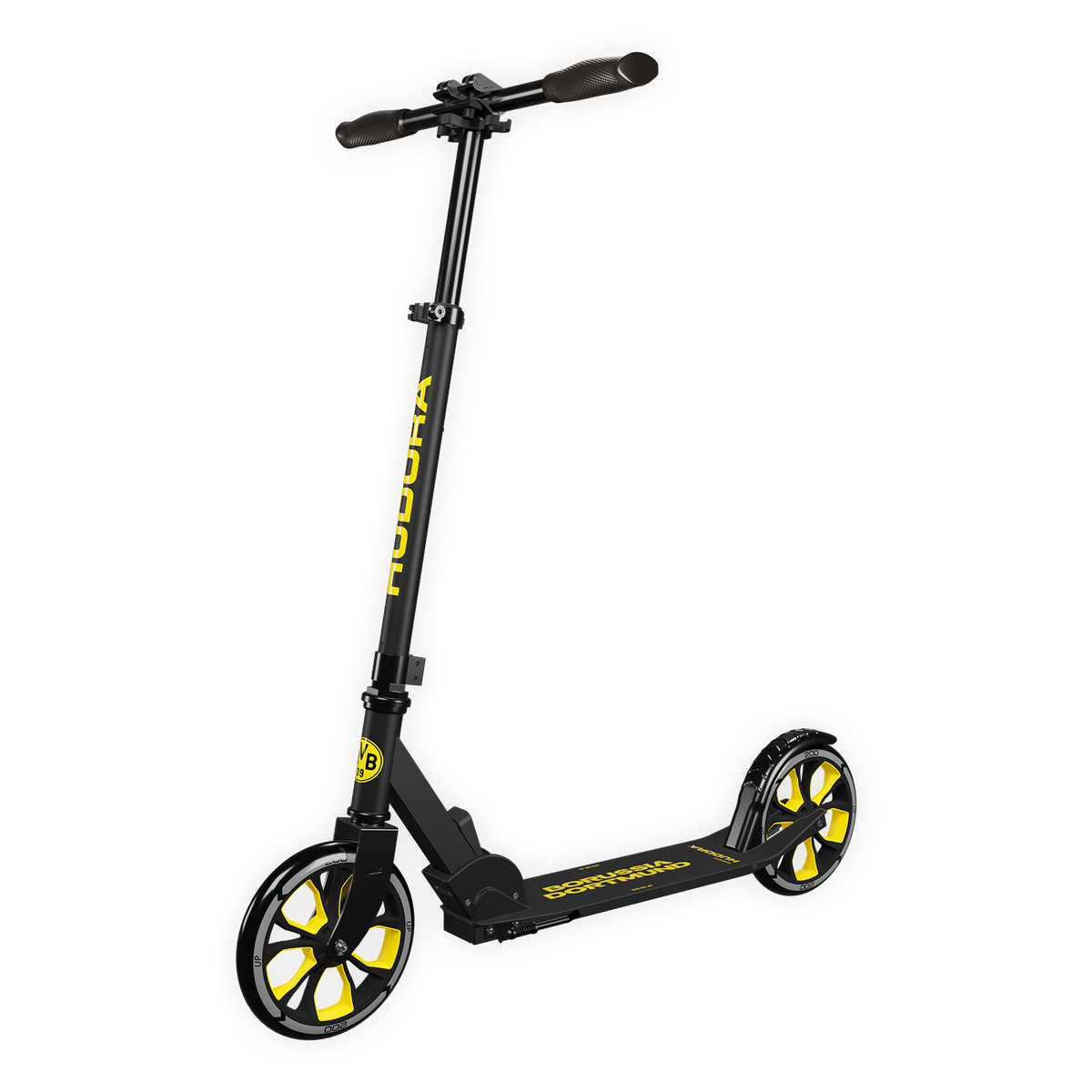 Schwarzgelber Tretroller Hudora Up 200 mit BVB-Emblem, geeignet für Fans von Borussia Dortmund, seitliche Ansicht.